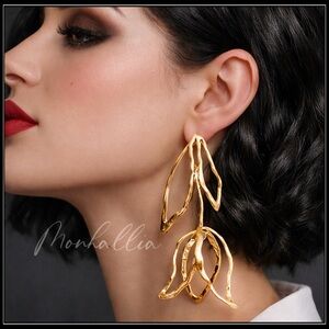 Gold Leaf Drop Earrings - Sculpted Statement Earrings